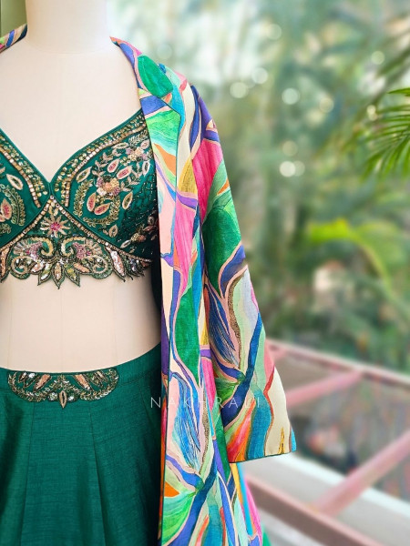 Canvas Green Lehenga Set with Abstract Print Jacket and Cut Dana Work
