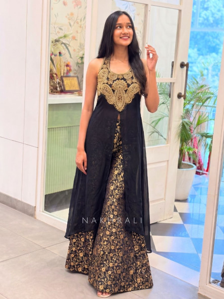 Sutra-Lekha Black Indo Western Palazzo Set With Embellished Yoke