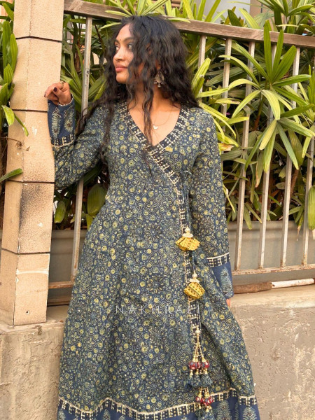 Mridula Blue Angrakha Kurta with Ethnic Print