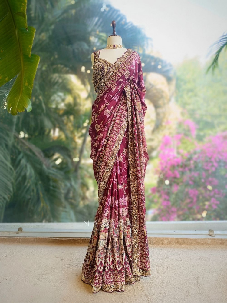 Image of Velora Wine Saree with Zari and Mirror Work