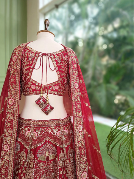 Vaidehi Bridal Red Raw Silk Bridal Lehenga Set With Zardozi, Pitta & Resham Work