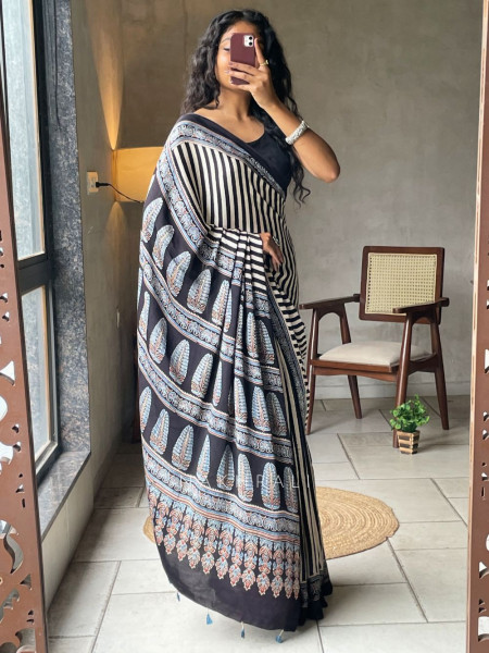 Kashti Black Modal Saree with Ajrak Border