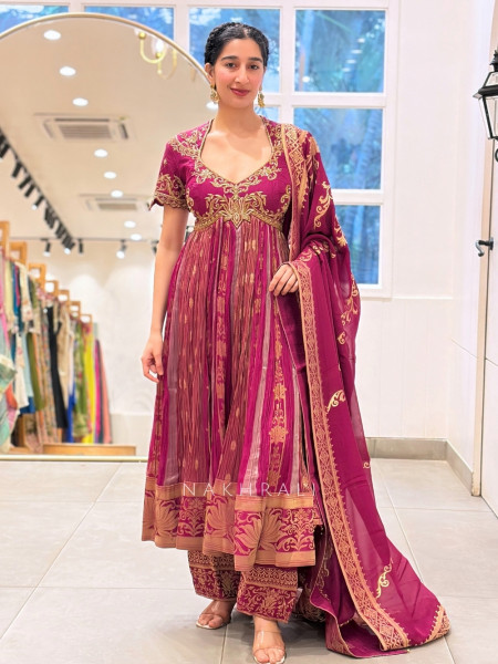 Kamalika Magenta Silk & Tissue Anarkali Suit Set with Gold Zari Lotus Embroidery