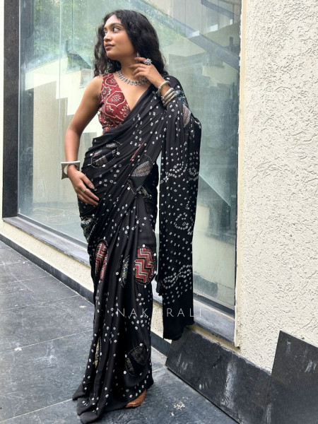 Manjari Black Bandhej Saree with Running Blouse Piece