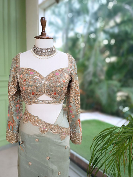 Avian Whimsy Sea Green Pure Organza Saree