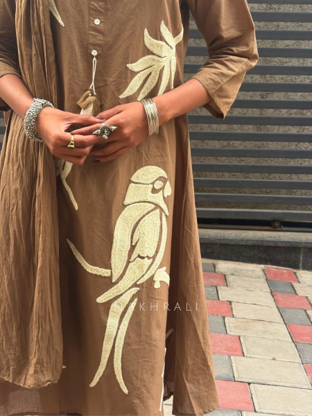 Kavira Brown Cotton Suit Set with Appliqué Bird Motif Work