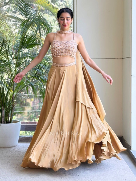 Ruhvik Beige Indo Western Crop Top Skirt Set