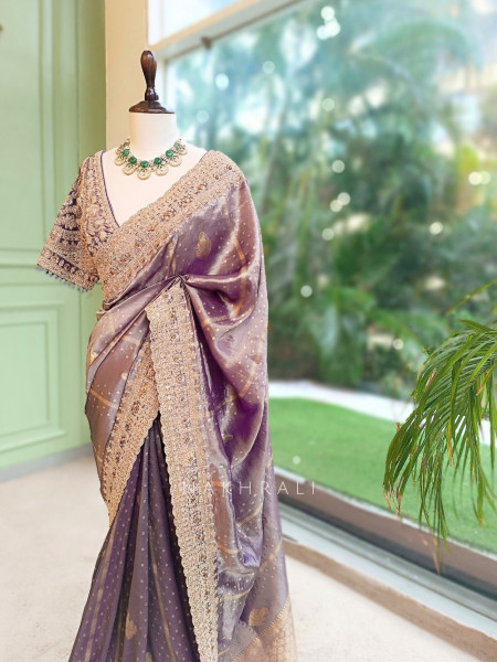 Vyanika Lavender Kota Tissue Silk Saree with Readymade Blouse