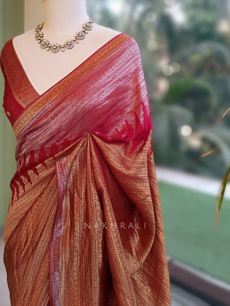 Tarkash Loom Brown Banarasi Chiniya Silk Saree with Ombre Zari Weaving & Temple Border