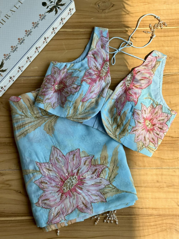 Image of Dahlia Sky Blue Organza Saree with Sequin and Cut Dana Work