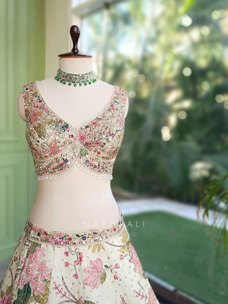 Secret Garden Cream Georgette Silk Floral Lehenga