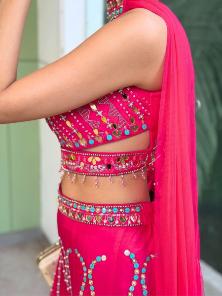 Rosefire Magenta Embellished Crop Top Palazzo Set