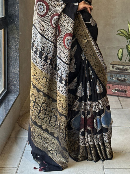 Indra Black Modal Saree with Zari Weave Border