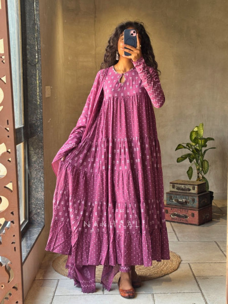 Mireya Wine Cotton Anarkali Suit Set with Printed Design