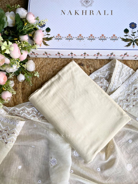 Ishira White Embroidered Cotton Dress Material Set