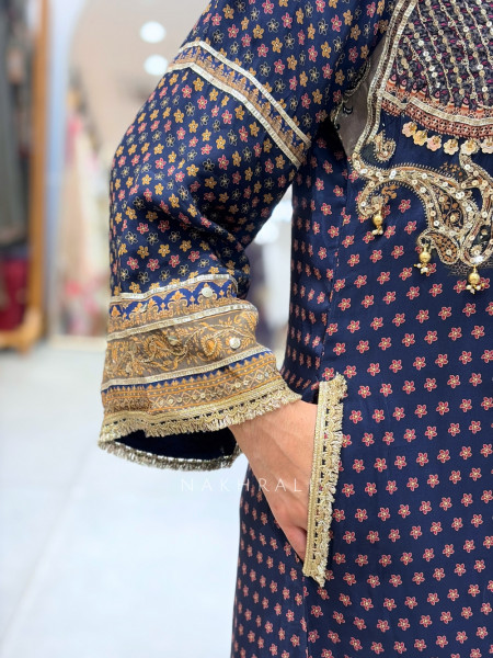 Nirvani Navy Blue Modal Silk Long Suit Set With Sheesha, Sequin & Gota Work