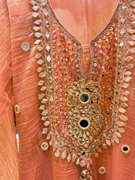 Aisha Peach Tissue Suit Set with Mirror and Gota Patti Work