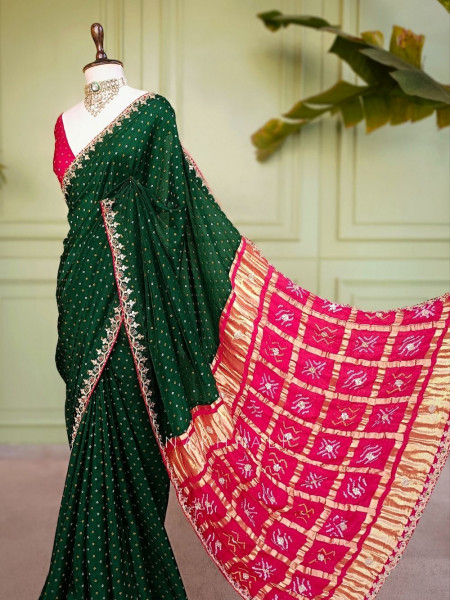 Verdant Red & Green Bandhej Saree Zari Border Work