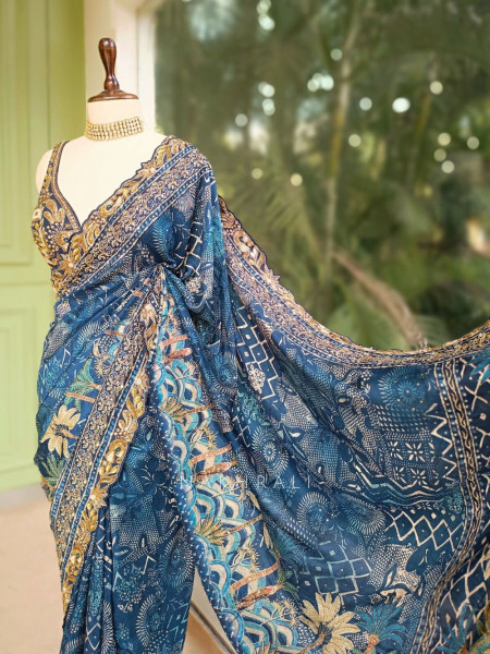 Ocean Spell Blue Saree with Heavy Embroidered Readymade Blouse