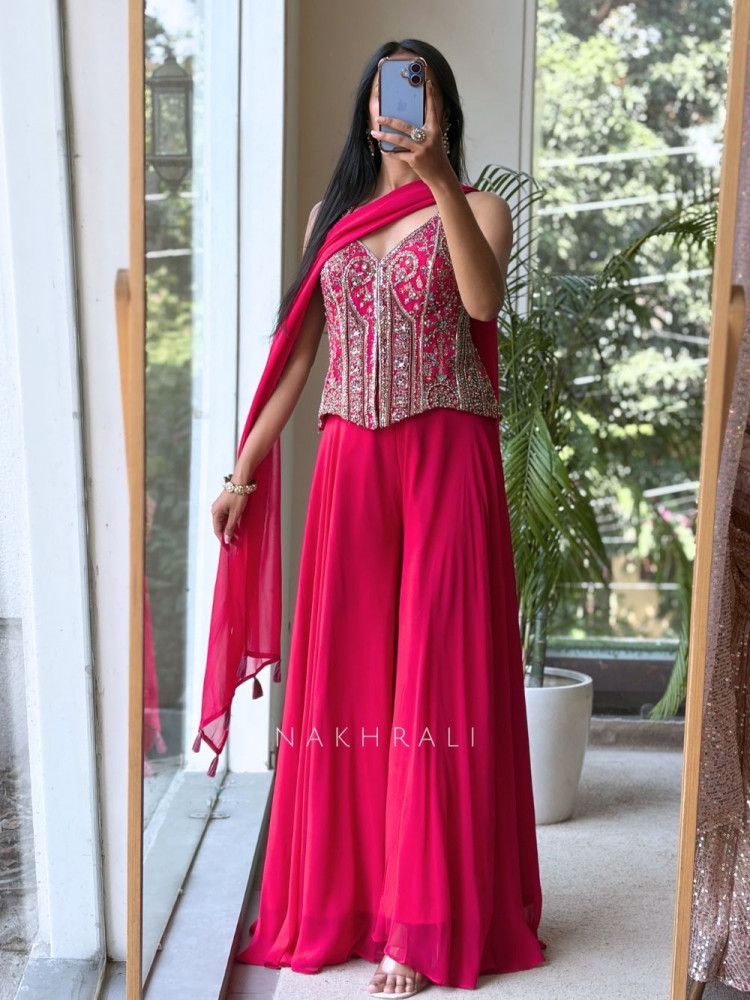 Image of Ornate Flair Magenta Georgette Indo Western Palazzo Set