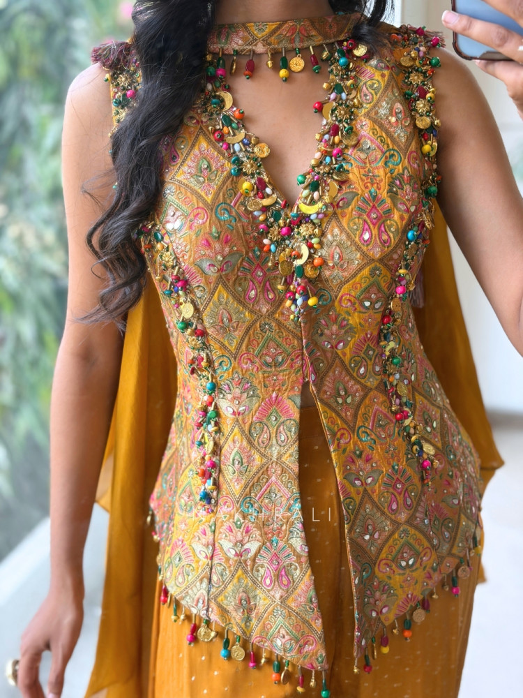 Image of Jashn-e-Malhar Yellow Brocade Silk Indo-Western Palazzo Set