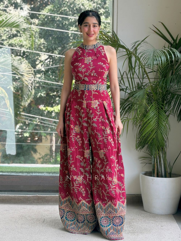 Image of Xaria Wine Premium Silk Blend Indo-Western Jumpsuit