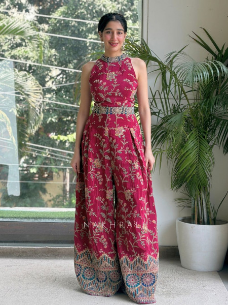 Xaria Wine Premium Silk Blend Indo-Western Jumpsuit