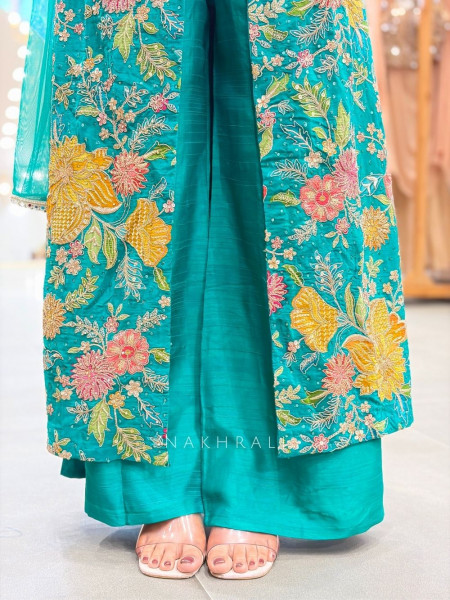 Tirva Green Indo Western Palazzo Set with Floral Print and Mirror Work