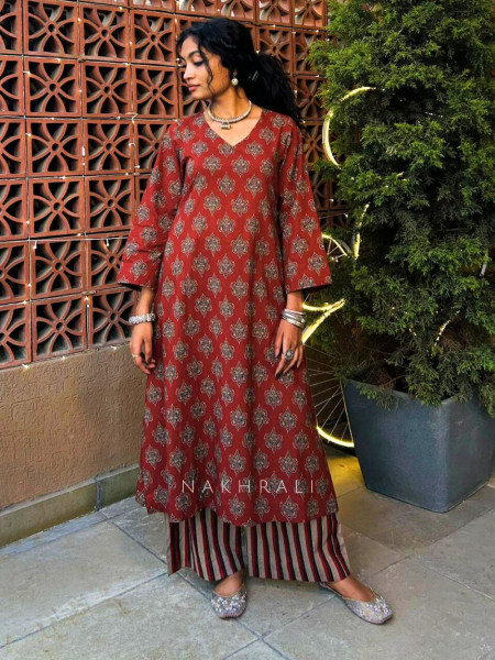 Sootra Maroon Block Print Cotton Pant Kurta Set