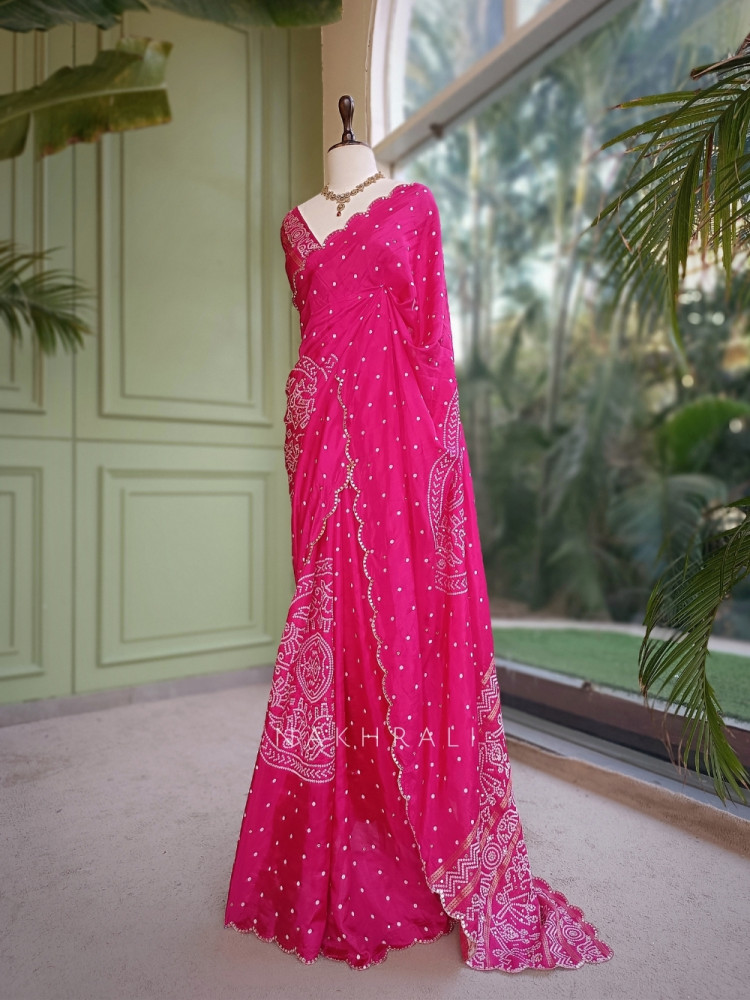 Image of Mirgavati Magenta Georgette Silk Bandhani Saree