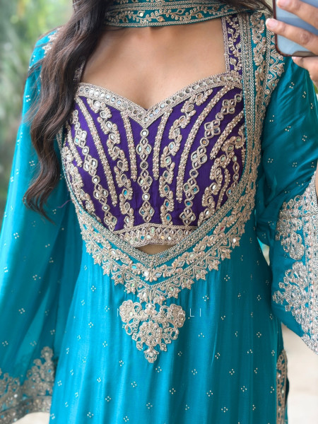 Baroque Ensemble Firozi Georgette & Velvet Bustier Palazzo Suit Set