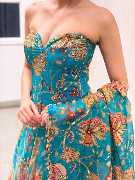 Nakkashi Blue Organza Silk Floral Printed Corset Lehenga Set with Zardozi & Mirror Work