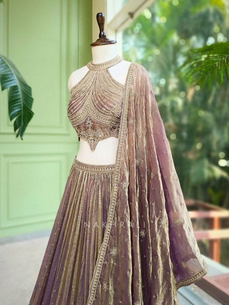 Zarish Brown Indo-Western Halter Lehenga Set with Mirror Work