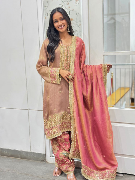 Zyris Pink Zari Tissue Suit Set with Sequin Workrk