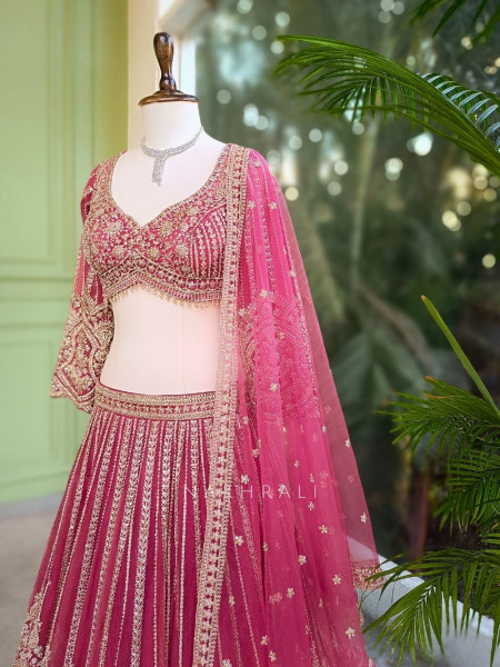 Rishvaya Magenta Stone and Bead Embroidered Bridal Lehenga