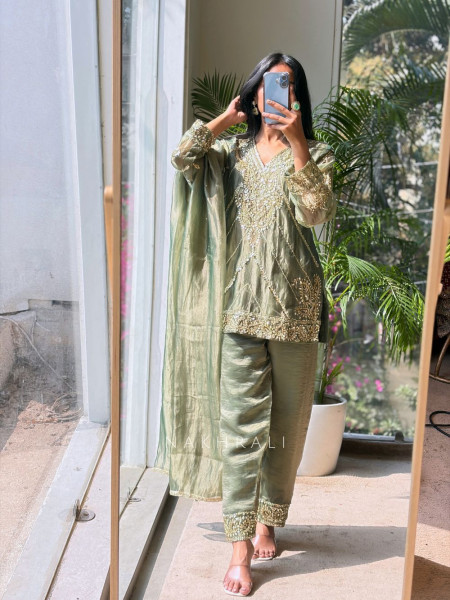 Briona Olive Tissue Kurta Set with Heavy Hand Embroidery
