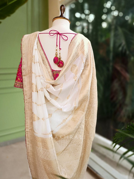 Mrignayani Cream Saree with Embroidered Blouse & Brocade Weave
