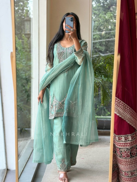 Mrinalini Sea Green Tissue Silk Suit Set