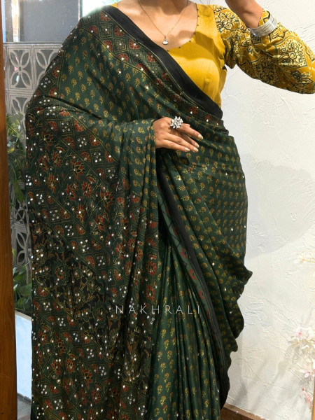 Inayat Green Modal Silk Saree With Ajrakh Print