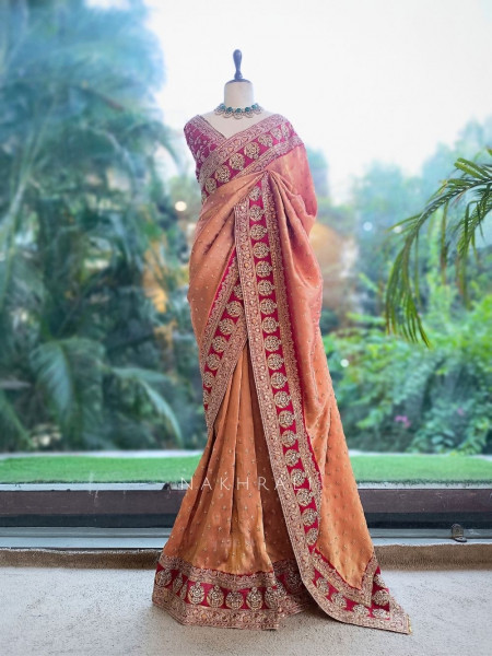 Crimson Gilded Silk Ensemble Orange Saree