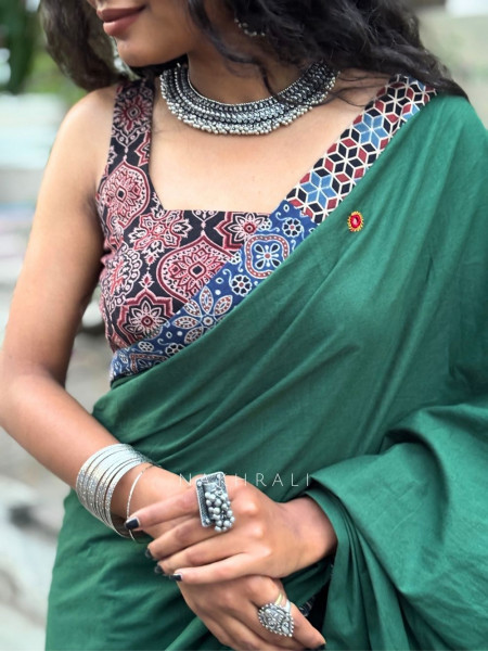 Sootra Green Cotton Saree with Patchwork Border