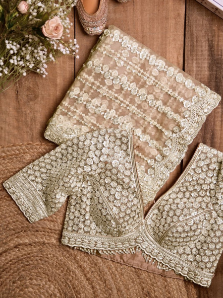 Dandelions Beige Net Saree with Pearl, Sequin & Bead Work