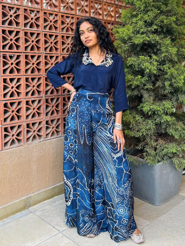 Image of Mireya Blue Co-ord Set with Printed Wide Palazzo