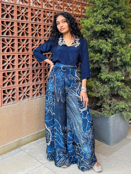 Mireya Blue Co-ord Set with Printed Wide Palazzo