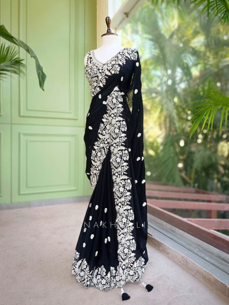 Rishka Black Saree with Embroidery and Sequin Work