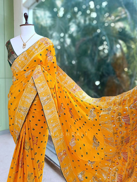 Kavira Mustard Bandhej Saree with Zari Weaved Border