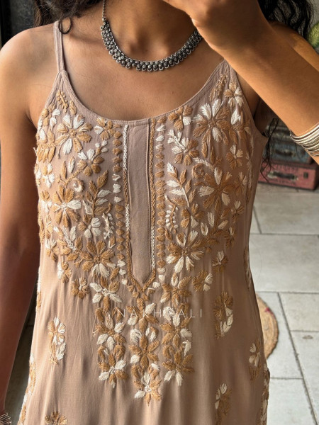 Solira Coral  Brown Rayon Kurta Pant Set with Chikankari Work