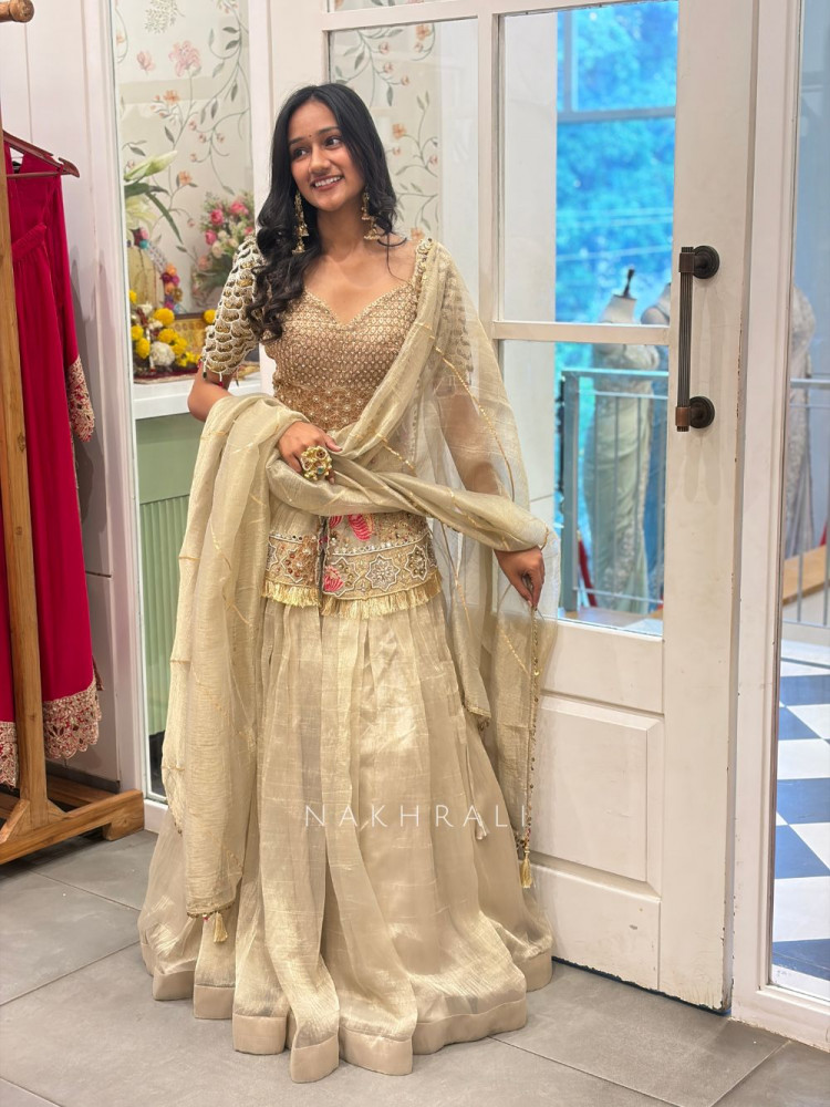 Image of Celeste Grey Embellished Indo-Western Lehenga Set
