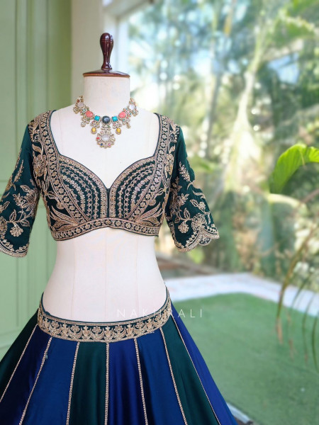 Nishika Navy Blue & Emerald Green Silk Satin Lehenga