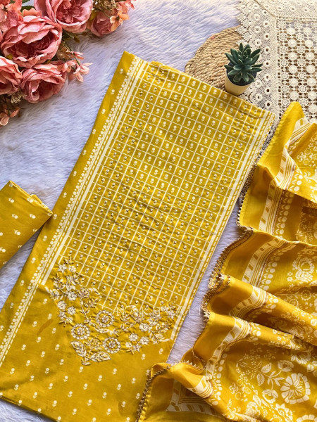 Grid Bloom Yellow Embroidered Dress Material Set